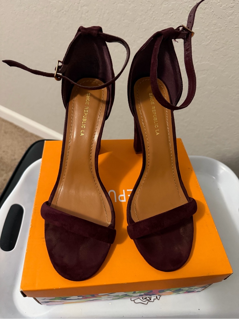 Shoe Republic LA Women's Ankle-Strap Block Heels in Burgundy Suede